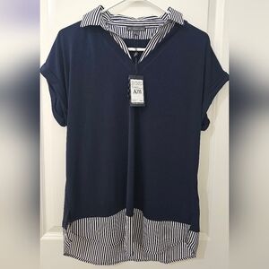 NWT Adrianna Papell Navy and White Striped Blouse